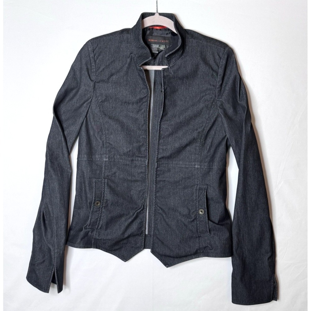 Nina Mclemore Jacket Blazer Sz 8 Black Gray Chambray Stretch Denim Open‎ Front
